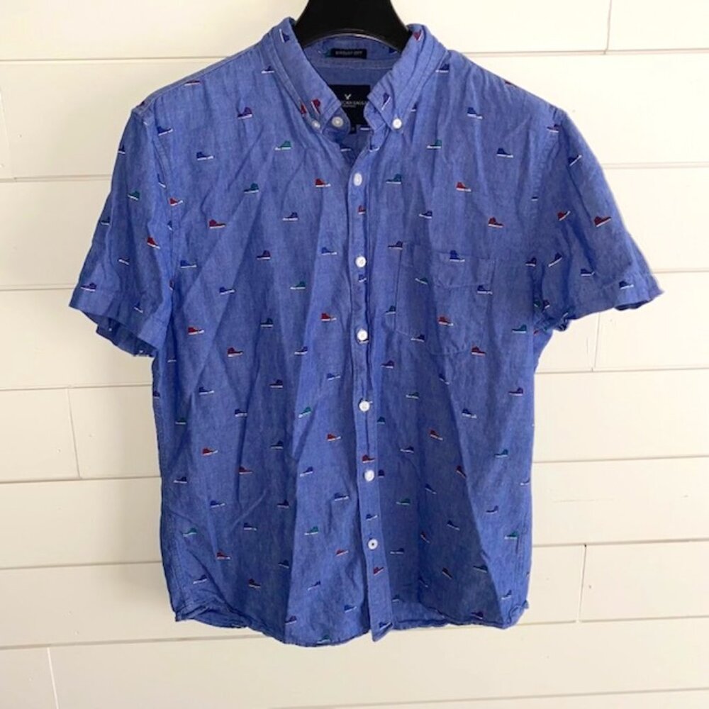 American Eagle Men's Seriously Soft Button-Down Shirt – Blue Sneaker Print